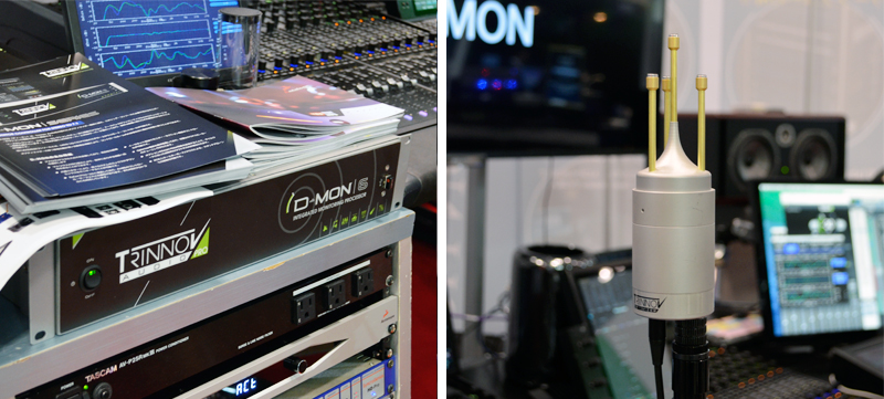 「D-MON | 6」(左)と専用3Dマイク(右)。会場では「Pro Tools」のレコーディングシステムに組み込まれてディスプレイされていた