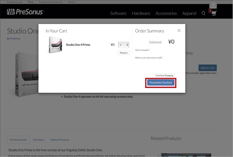 Studio One Primeをカートに加えて 「Proceed to Checkout」をクリックする